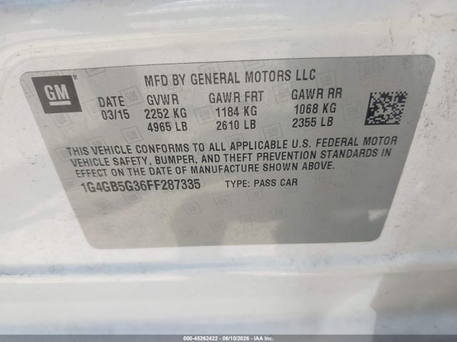Aukcja sprzedaży 2015 Buick Lacrosse Leather, vin: 1G4GB5G36FF287335, numer aukcji: 45262422