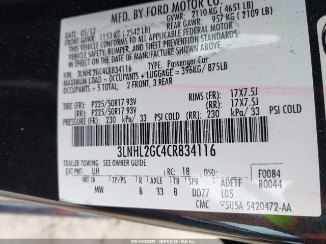 45262439 :رقم المزاد ، 3LNHL2GC4CR834116 vin ، 2012 Lincoln Mkz مزاد بيع
