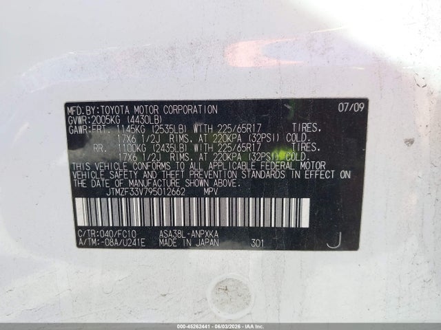 45262441 :رقم المزاد ، JTMZF33V795012662 vin ، 2009 Toyota Rav4 مزاد بيع