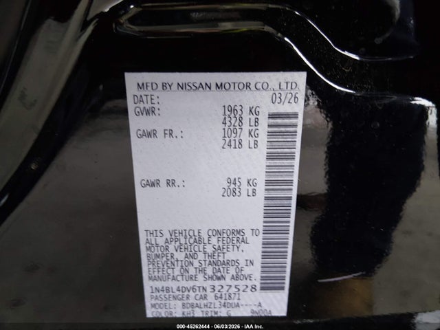 45262444 :رقم المزاد ، 1N4BL4DV6TN327528 vin ، 2026 Nissan Altima Sv Fwd مزاد بيع