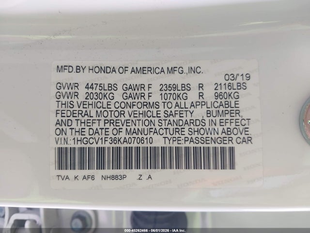 Aukcja sprzedaży 2019 Honda Accord Sport, vin: 1HGCV1F36KA070610, numer aukcji: 45262466