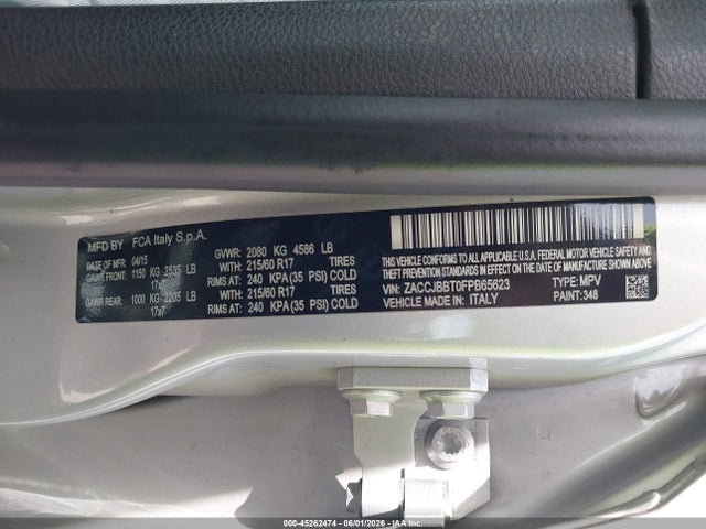 Aukcja sprzedaży 2015 Jeep Renegade Latitude, vin: ZACCJBBT0FPB65623, numer aukcji: 45262474