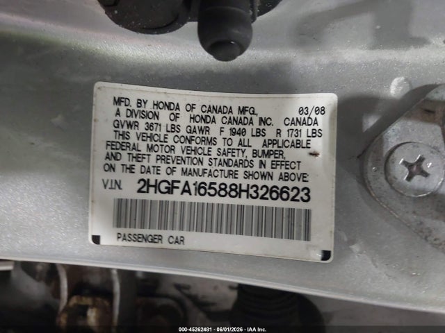 2008 Honda Civic Lx მანქანა იყიდება აუქციონზე, vin: 2HGFA16588H326623, აუქციონის ნომერი: 45262481