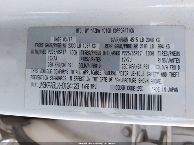 Продажа на аукционе авто 2017 Mazda Cx-5 Sport, vin: JM3KFABLXH0124123, номер лота: 45262485