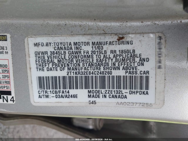 Продажа на аукционе авто 2004 Toyota Matrix Standard, vin: 2T1KR32E84C248260, номер лота: 45262489