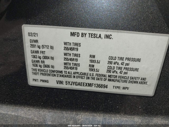 Продажа на аукционе авто 2021 Tesla Model Y Long Range Dual Motor All-wheel Drive, vin: 5YJYGAEEXMF136894, номер лота: 45262491