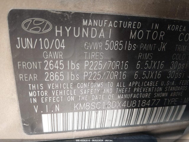 Продажа на аукционе авто 2004 Hyundai Santa Fe Gls, vin: KM8SC13DX4U818477, номер лота: 45262510