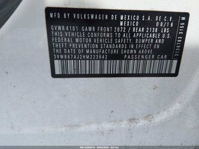 3VWB67AJ2HM223542 Volkswagen Jetta 1.4t Se