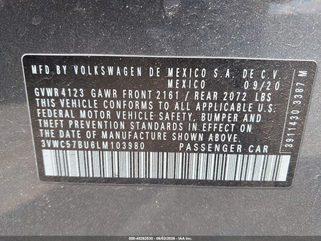 45262530 :رقم المزاد ، 3VWC57BU6LM103980 vin ، 2020 Volkswagen Jetta 1.4t R-line/1.4t S/1.4t Se مزاد بيع