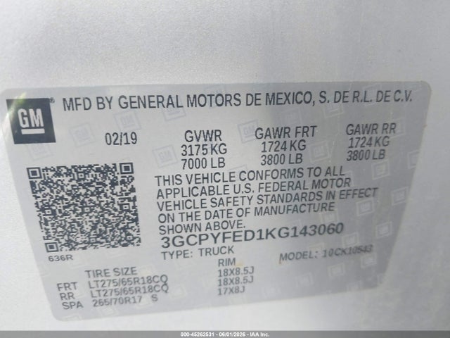 2019 Chevrolet Silverado 1500 Lt Trail Boss მანქანა იყიდება აუქციონზე, vin: 3GCPYFED1KG143060, აუქციონის ნომერი: 45262531