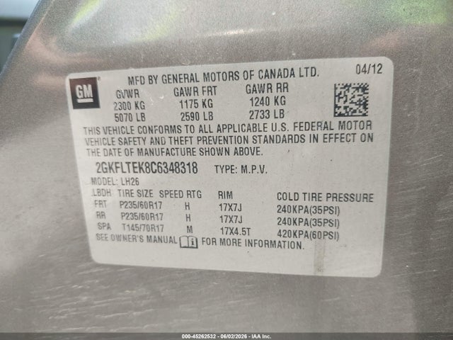 Продажа на аукционе авто 2012 Gmc Terrain Sle-2, vin: 2GKFLTEK8C6348318, номер лота: 45262532