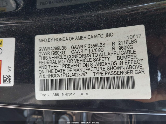 Продажа на аукционе авто 2018 Honda Accord Lx, vin: 1HGCV1F12JA023247, номер лота: 45262533