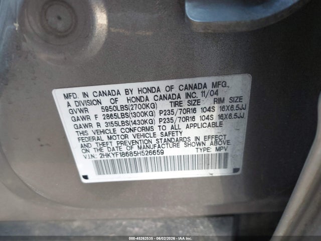 Продаж на аукціоні авто 2005 Honda Pilot Ex-l, vin: 2HKYF18685H526659, номер лоту: 45262535