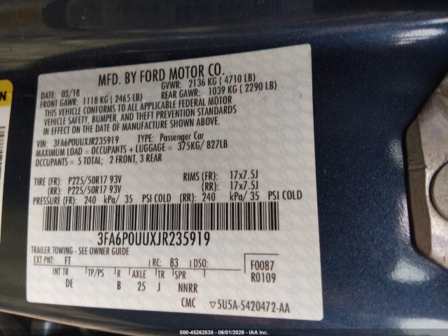 3FA6P0UUXJR235919 Ford Fusion Hybrid S