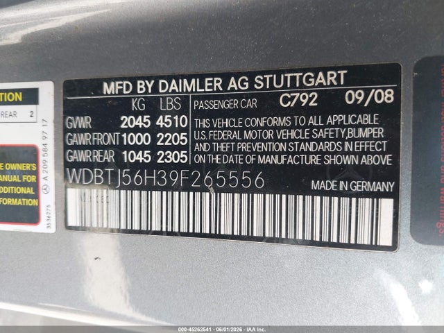 Aukcja sprzedaży 2009 Mercedes-benz Clk 350, vin: WDBTJ56H39F265556, numer aukcji: 45262541