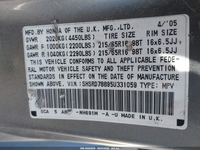 Aukcja sprzedaży 2005 Honda Cr-v Ex, vin: SHSRD78895U331059, numer aukcji: 45262549
