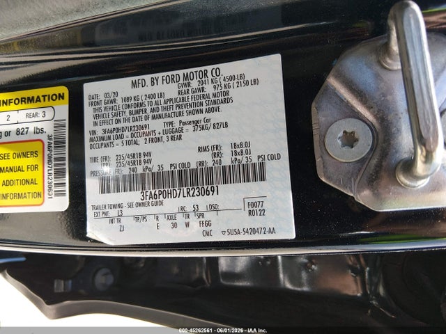 Aukcja sprzedaży 2020 Ford Fusion Se, vin: 3FA6P0HD7LR230691, numer aukcji: 45262561