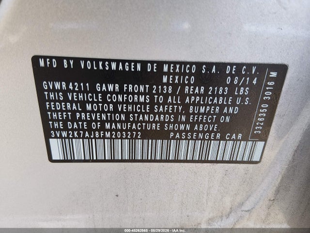 Продаж на аукціоні авто 2015 Volkswagen Jetta 2.0l S, vin: 3VW2K7AJ8FM203272, номер лоту: 45262565