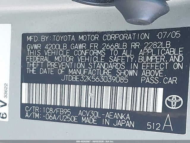2006 Toyota Camry Std მანქანა იყიდება აუქციონზე, vin: JTDBE32K563039085, აუქციონის ნომერი: 45262567