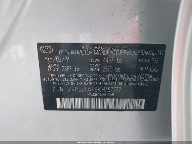 Продажа на аукционе авто 2019 Hyundai Sonata Se, vin: 5NPE24AF6KH787777, номер лота: 45262616