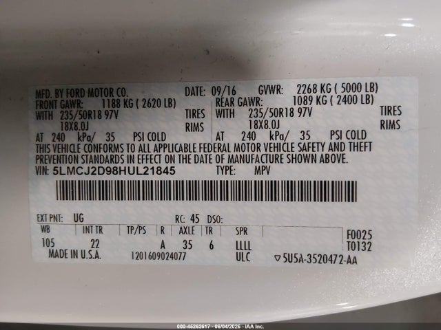 2017 Lincoln Mkc Select მანქანა იყიდება აუქციონზე, vin: 5LMCJ2D98HUL21845, აუქციონის ნომერი: 45262617