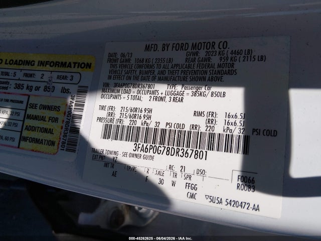 Aukcja sprzedaży 2013 Ford Fusion S, vin: 3FA6P0G78DR367801, numer aukcji: 45262625