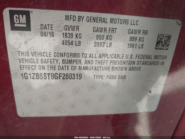 2016 Chevrolet Malibu Ls მანქანა იყიდება აუქციონზე, vin: 1G1ZB5ST8GF280319, აუქციონის ნომერი: 45262643