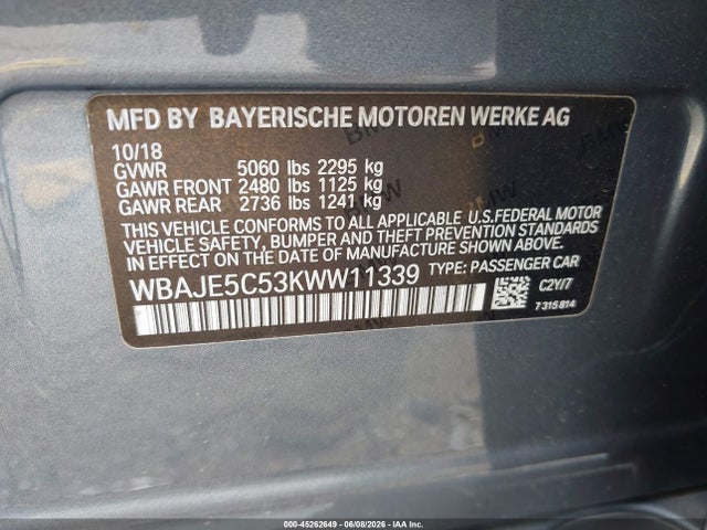 45262649 :رقم المزاد ، WBAJE5C53KWW11339 vin ، 2019 Bmw 540i مزاد بيع