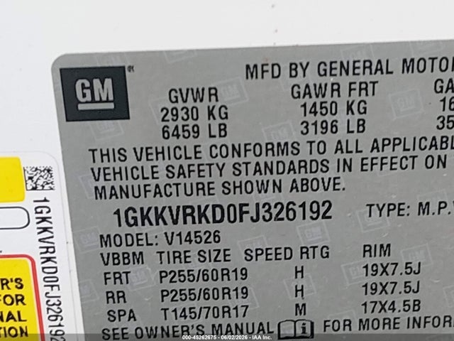 Aukcja sprzedaży 2015 Gmc Acadia Slt-1, vin: 1GKKVRKD0FJ326192, numer aukcji: 45262675