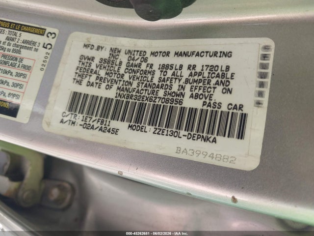 45262681 :رقم المزاد ، 1NXBR32EX6Z708956 vin ، 2006 Toyota Corolla Le مزاد بيع