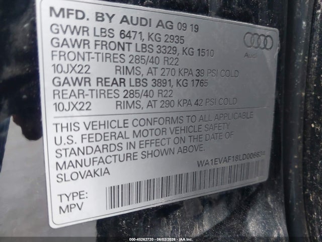 45262720 :رقم المزاد ، WA1EVAF18LD006634 vin ، 2020 Audi Q8 Premium Plus 55 Tfsi Quattro Tiptronic مزاد بيع