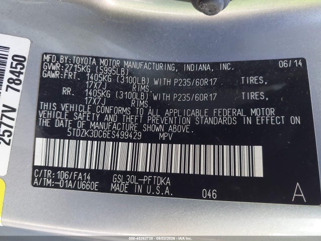 Aukcja sprzedaży 2014 Toyota Sienna L V6 7 Passenger, vin: 5TDZK3DC6ES499429, numer aukcji: 45262738
