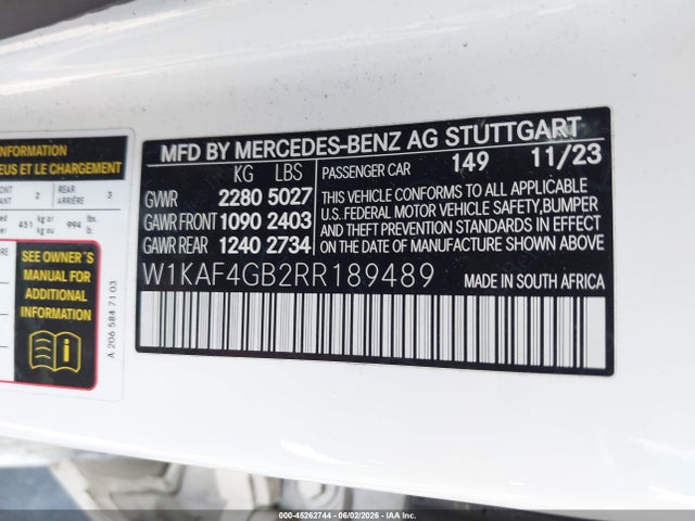 2024 Mercedes-benz C 300 მანქანა იყიდება აუქციონზე, vin: W1KAF4GB2RR189489, აუქციონის ნომერი: 45262744