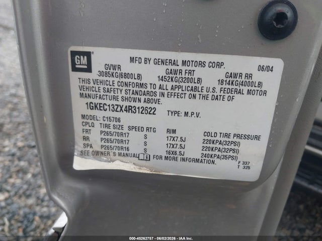 Auction sale of the 2004 Gmc Yukon Slt, vin: 1GKEC13ZX4R312622, lot number: 45262757