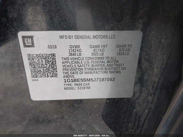 Auction sale of the 2018 Chevrolet Cruze Lt Auto, vin: 1G1BE5SM5J7187082, lot number: 45262771