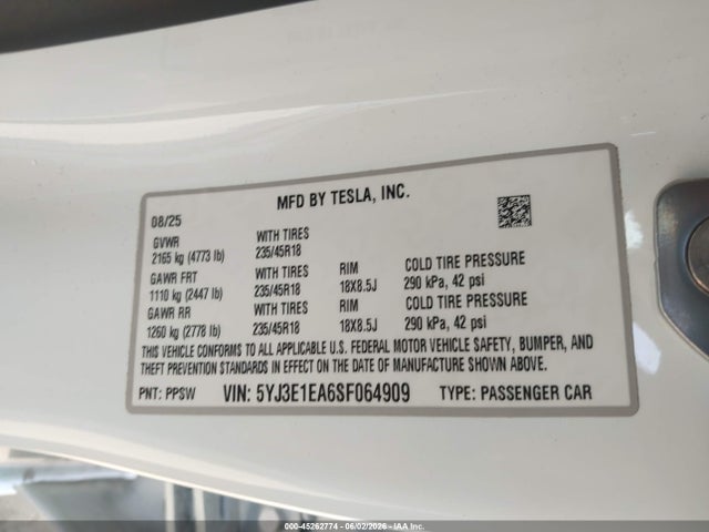 45262774 :رقم المزاد ، 5YJ3E1EA6SF064909 vin ، 2025 Tesla Model 3 Long Range Rear-wheel Drive/standard Rear-wheel Drive مزاد بيع