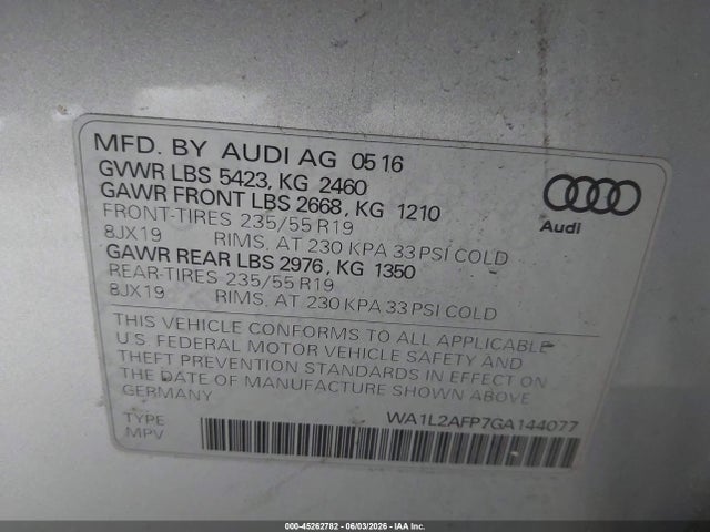 Продажа на аукционе авто 2016 Audi Q5 2.0t Premium, vin: WA1L2AFP7GA144077, номер лота: 45262782
