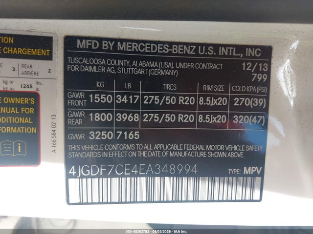 Aukcja sprzedaży 2014 Mercedes-benz Gl 450 4matic, vin: 4JGDF7CE4EA348994, numer aukcji: 45262793
