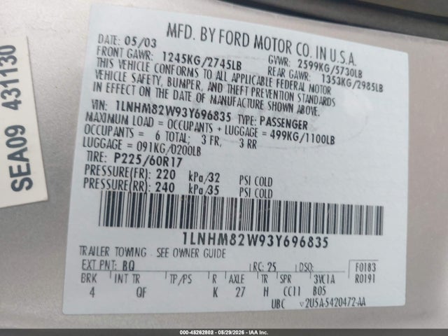 Auction sale of the 2003 Lincoln Town Car Signature, vin: 1LNHM82W93Y696835, lot number: 45262802