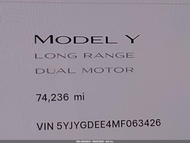 45262824 :رقم المزاد ، 5YJYGDEE4MF063426 vin ، 2021 Tesla Model Y Long Range Dual Motor All-wheel Drive مزاد بيع