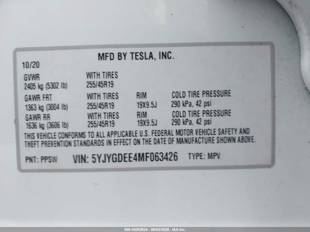 45262824 :رقم المزاد ، 5YJYGDEE4MF063426 vin ، 2021 Tesla Model Y Long Range Dual Motor All-wheel Drive مزاد بيع