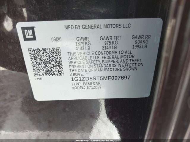 45262827 :رقم المزاد ، 1G1ZD5ST5MF007697 vin ، 2021 Chevrolet Malibu Fwd Lt مزاد بيع