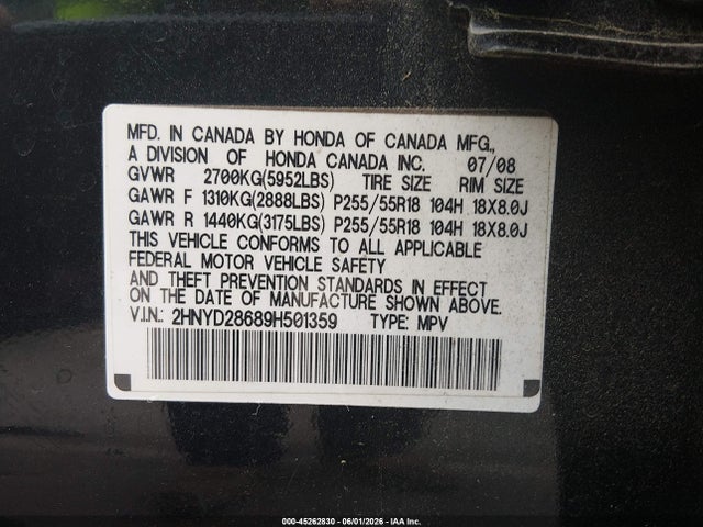Aukcja sprzedaży 2009 Acura Mdx Technology Package, vin: 2HNYD28689H501359, numer aukcji: 45262830