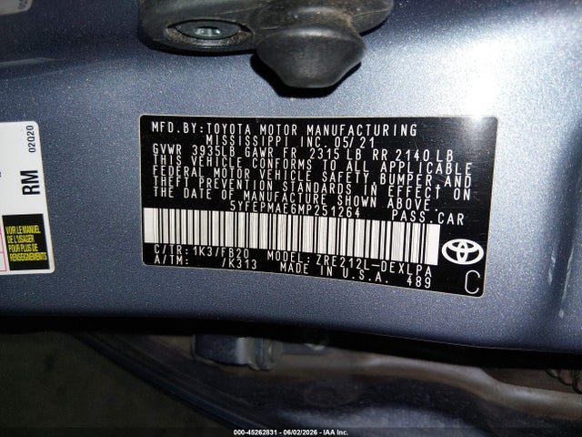 45262831 :رقم المزاد ، 5YFEPMAE6MP251264 vin ، 2021 Toyota Corolla Le مزاد بيع