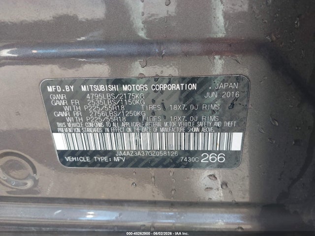 45262900 :رقم المزاد ، JA4AZ3A37GZ058126 vin ، 2016 Mitsubishi Outlander Sel مزاد بيع
