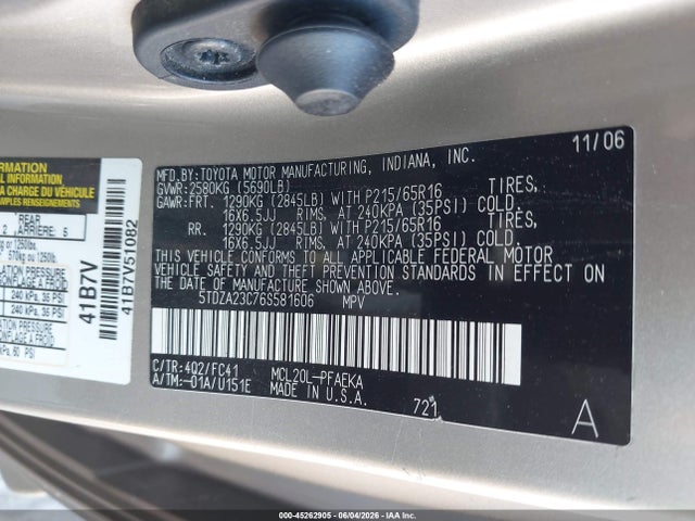 Продажа на аукционе авто 2006 Toyota Sienna Le, vin: 5TDZA23C76S581606, номер лота: 45262905