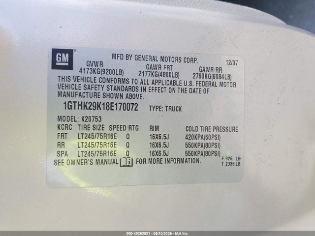 2008 Gmc Sierra 2500hd Work Truck მანქანა იყიდება აუქციონზე, vin: 1GTHK29K18E170072, აუქციონის ნომერი: 45262921