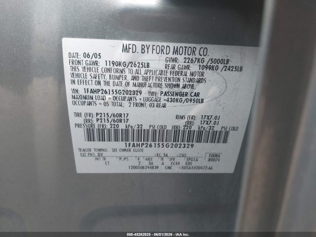 Продаж на аукціоні авто 2005 Ford Five Hundred Se, vin: 1FAHP26155G202329, номер лоту: 45262925