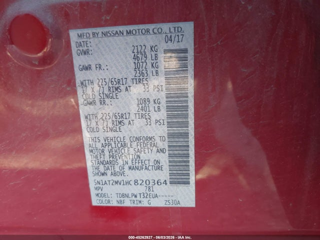 Aukcja sprzedaży 2017 Nissan Rogue S, vin: 5N1AT2MV1HC820364, numer aukcji: 45262927