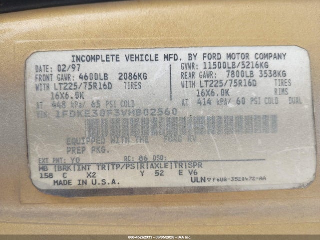 Продаж на аукціоні авто 1997 Ford Econoline E350 Cutaway Van, vin: 1FDKE30F3VHB02560, номер лоту: 45262931